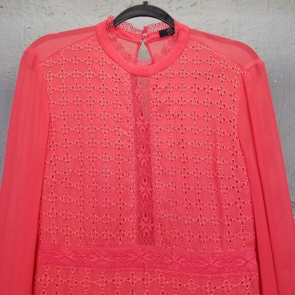 Allsaints Lilith Dress Sz 6 Eyelet Fit & Flare A-Line Coral Red Lace Sheer Lined - Picture 3 of 16